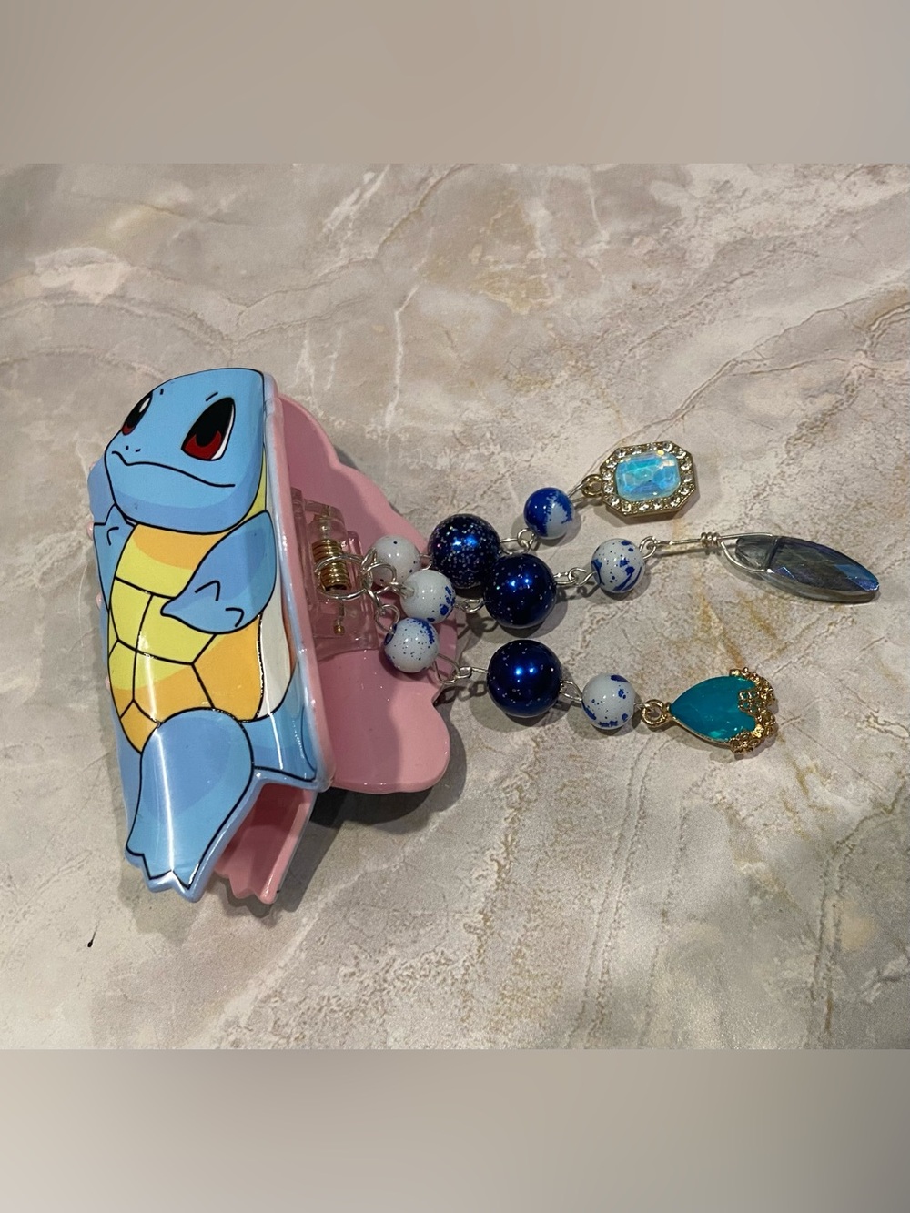 Pokemon Squirtle Hair Clip with Blue and Pink Charm Dangles